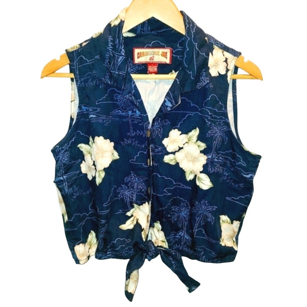Caribbean Joe Tropical Print Tie Front Cropped Rayon Blouse‎ Navy Blue